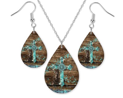 Distressed Teal Cross Earrings or Necklace Set Western Jewelry